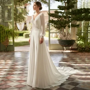 Elegáns fehér A-vonalú női V-nyakú esküvői ruha csipke hosszú ujjú rátét sifon menyasszonyi ruha seprővonat Vestidos De Novia