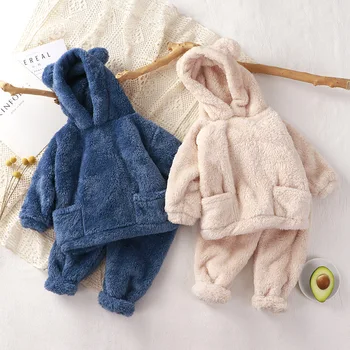 Gyerekruházati készletek Pizsama őszi és téli aranyos plüss kapucnis pulóverek meleg öltöny 1-6T fiúknak és lányoknak