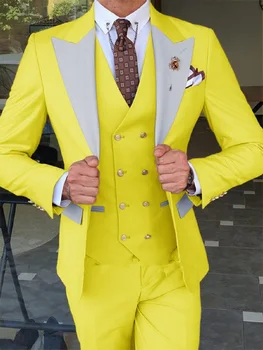 Világossárga Slim Fit férfi öltönyök szürke hajtóka esküvői vőlegény szmokingok Terno Masculino Prom Slim Blazer Custom Made(kabát+mellény+nadrág)