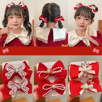 Plüss gyerekek Piros masni hajtű Aranyos nyúlkorona Kínai újévi fejfedők Ősi fejfedők gyöngy ősi stílusú hajtűlányok