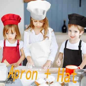 Gyermek kézműves konyhai kötény és kalapkészlet egyszínű első zsebelőke + rugalmas szalagos főzősapka gyerekeknek 2022 Új divatkötények