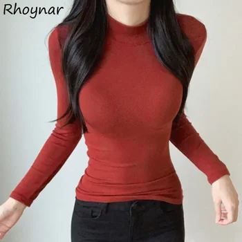 Hosszú ujjú pólók Női Koreai stílus Új érkezés Szexi Vékony Mock Neck BF Belső felsők Női ruházat Esztétikus Egyszerű Solid