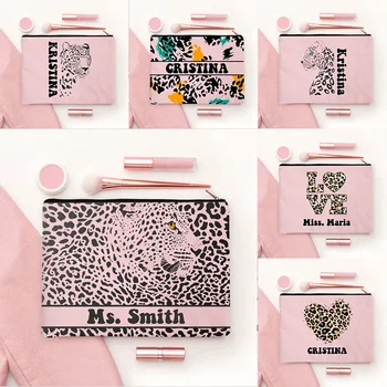 Egyéni név Ajándék Leopárd sminktáska Luxus vászon Kozmetikai szervező Utazás Neseser rúzs parfüm tároló Női tasak táskák