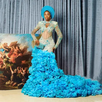 nigériai Aso Ebi estélyi ruhák fodrokkal, lépcsőzetes hosszú fenék, hosszú sleevs plus size báli ruha kristályok Hírességek partiruhái