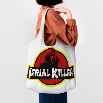 Kawaii Ghost sorozatgyilkos bevásárlótáskák Újrafelhasználható Halloween Scream film élelmiszerbolt vászon Vásárló válltáska kézitáska