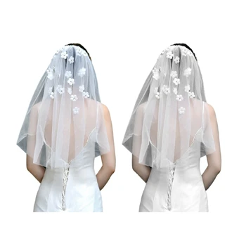 Elegáns fátyolos menyasszony Egyszerű tüll virágkristály rövid leánybúcsúval Tyúkparti Menyasszonyi fátyol Tyúkparti fejkendő