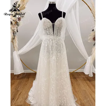Boho Sweetheart Spagetti pántok esküvői ruha strandcsipke rátétek hát nélküli 2023-as menyasszonyi ruha Egyedi készítésű köntös De Mariee elegáns