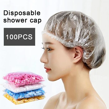 100db/szett Eldobható zuhanysapkák Műanyag vízálló fejfedők Pink Spa Salon Hotel Hair Feste Women Elastic Hair Cap