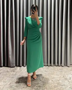 Szaúd-Arábia női zöld hosszú ujjú báli ruhák Tea hosszúságú kristályok Party ruhák O-nyak hivatalos alkalom estélyi ruha