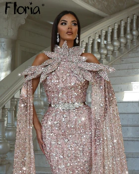 Rózsaszín kristályok 3D levél formális estélyi ruha Teljes gyöngyös flitterek Hírességek báli ruhái Arab köntös Soirée női egyedi készítésű