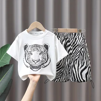 Nyári pamut kisfiúk Tiger Print felső póló + Zebra húzózsinóros rövid nadrág szett Gyerek 2 részes ruhák Ruházat 1-12 éves korig