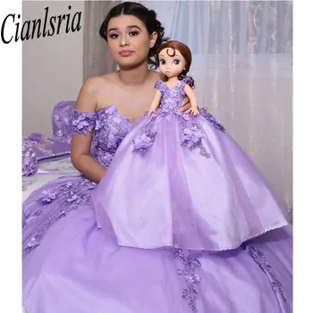 Lila báli ruha Quinceanera ruhák Nagy íj 3D virág rátétek Hamupipőke 16 Hercegnő ruhák Vestidos De 15 Anos