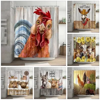 Zuhanyfüggöny szett vicces kakas parasztház vidéki állat mintás zuhanyfüggöny poliészter mosható függöny Fürdőszobai dekoráció