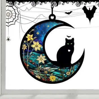 Macska emlékajándékok Fekete macska a holdon ablak akasztások Kisállat veszteség szimpátia ajándék fekete macska Halloween dekoráció otthoni kerti falhoz