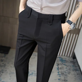 Pantalon Homme 36-28 Nyári boka hosszúságú Slim Fit Business Férfi ruha Öltöny nadrág Egyszerű All Match Formális viselet Egyenes nadrág