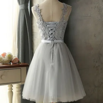 Beautiful Sliver Lace Homecoming Dress 2023 Sexy Tulle Mini rövid estélyi ruha fűző Bow Sash koktél Party Szoknya Boho Prom 3