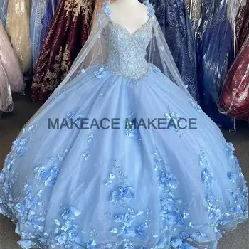 Light Sky Blue 2023 báli ruha Quinceanera ruhák Menyasszonyi ruhák köpeny ujjal Sweet 16 Ruha vestidos de xv años anos