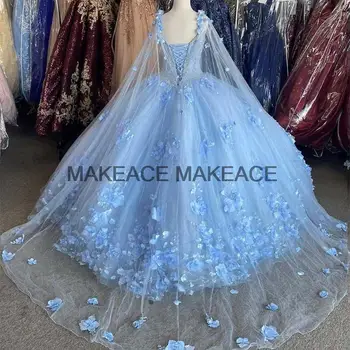 Light Sky Blue 2023 báli ruha Quinceanera ruhák Menyasszonyi ruhák köpeny ujjal Sweet 16 Ruha vestidos de xv años anos 1
