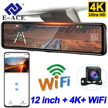 E-ACE Dash Cam 4k autóhoz 12 ' automatikus videofelvevő Wifi támogatás 1080P tolatókamera GPS jármű fekete doboz autó műszerfal kamera