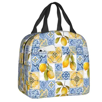 Mediterrán csempe Gyümölcs citrom Uzsonnás táska Újrafelhasználható hűtő Hőszigetelt uzsonnás doboz nőknek Gyerekek munka Élelmiszer táskák