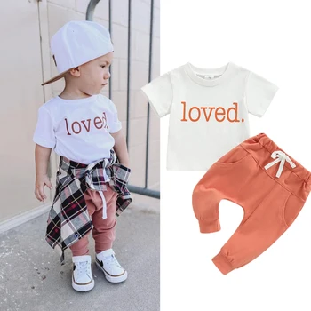 New Fashion Summer 0-3Y Baby Boys ruha szettek 2db Letter Print rövid ujjú pólók felsők + tömör rugalmas nadrág