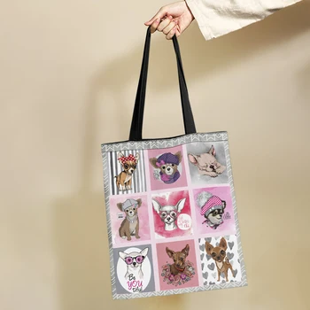 Yikeluo női öko táska aranyos rajzfilm Chihuahua design ingázó válltáska lányok összecsukható mosható vászon táska kézitáska