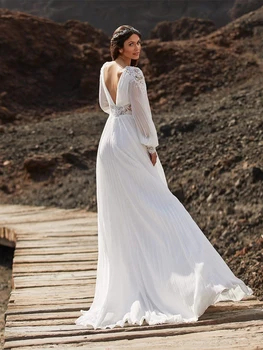 Bohém esküvői ruha testreszabott A-vonalú egyszerű temperamentum V-nyakú hosszú ujjú hát nélküli strandruha 0