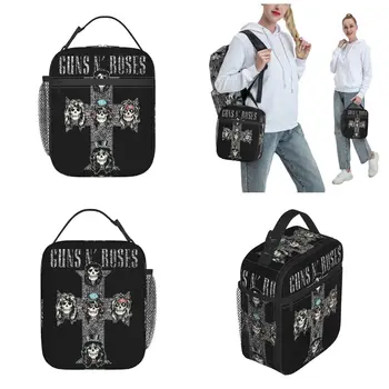 Guns N Roses Vintage Cross szigetelt uzsonnás táska Nagy ebédtároló Hőzsák Uzsonnás doboz Tote College Piknik Élelmiszertároló táskák 3