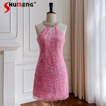 Őszi rózsaszín nehézipar Háromdimenziós flitteres köpeny tündér ruha Csúcskategóriás ruha Lány Halter vállon kívüli Vestidos De Mujer