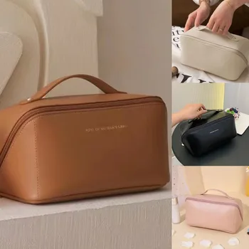 Egyszínű utazási kozmetikai táska Hordozható PU bőr sminktasak női vízálló fürdőszobai mosdózsák többfunkciós piperekészlet