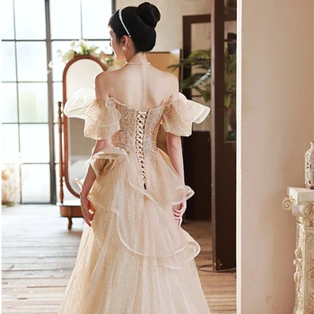 Luxus francia hajó nyak Többszintű menyasszony esküvői ruha Szexi farok báli ruha Násznép parti nyári ruha nők Hivatalos vestidos 3