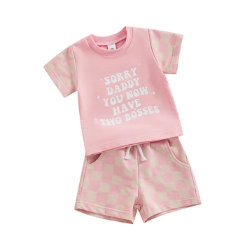 Kislányok 2 részes ruha Letter kockás mintás rövid ujjú póló és rugalmas rövidnadrág készlet Aranyos nyári ruhák