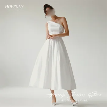 Hoepoly White Long One Shoulder Sleeveless A Line Long Evening Dress Boka Length Pleat Formális Classy Prom ruha nőnek 프롬드레스 0