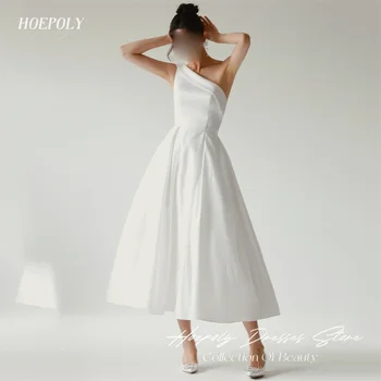 Hoepoly White Long One Shoulder Sleeveless A Line Long Evening Dress Boka Length Pleat Formális Classy Prom ruha nőnek 프롬드레스 1