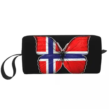 Utazás pillangó Norvégia zászlaja piperetáska Hordozható kozmetikai sminkrendező nőknek Szépség tároló táskák Dopp készlet tok doboz