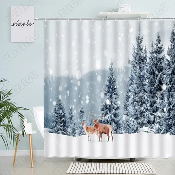 Téli tájzuhany függöny Jávorszarvas szarvas cédrus hóerdő természet táj karácsonyi fürdőfüggöny szövet fürdőszoba dekoráció szett