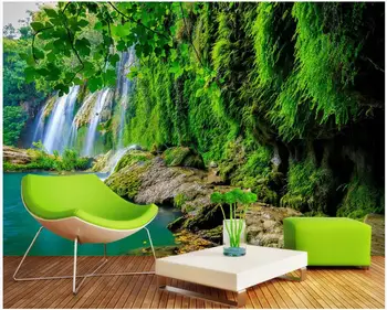 WDBH Egyéni fotó falfestmény 3d háttérkép Hegyi vízesés zöld erdő táj dekoráció 3d falfestmény tapéta nappalihoz
