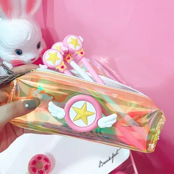 Card Captor Sakura Anime nyomtatott PVC lézeres diáktoll táskák Kreatív ceruza Irodai irodaszerek tárolása Rajzfilm kozmetikai táska Új