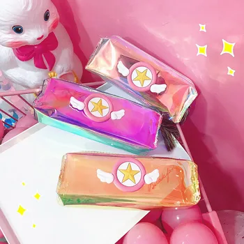 Card Captor Sakura Anime nyomtatott PVC lézeres diáktoll táskák Kreatív ceruza Irodai irodaszerek tárolása Rajzfilm kozmetikai táska Új 2