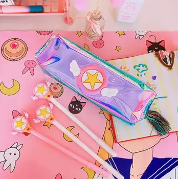 Card Captor Sakura Anime nyomtatott PVC lézeres diáktoll táskák Kreatív ceruza Irodai irodaszerek tárolása Rajzfilm kozmetikai táska Új 3