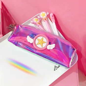Card Captor Sakura Anime nyomtatott PVC lézeres diáktoll táskák Kreatív ceruza Irodai irodaszerek tárolása Rajzfilm kozmetikai táska Új 4