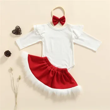 Kislány karácsonyi ruha szett fehér body, Romper piros miniszoknya fejpánt 0-24M Újszülött csecsemő kisgyermek fesztivál jelmez 2021