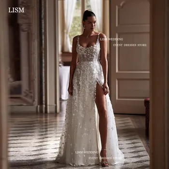 LISM Szexi csillogó csipke esküvői ruhák 3D virágok szögletes gallér Magas oldal osztott A-vonalú menyasszonyi ruha ujjatlan formális partiruha