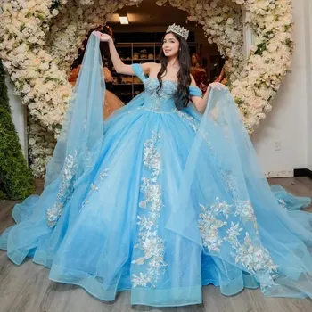 Princess Blue Shiny Off Shoulder Ball ruha Quinceanera ruha 3D Virágok Rátétek Csipke gyöngyök fűző Vestido De 15 Anos Sweet 16