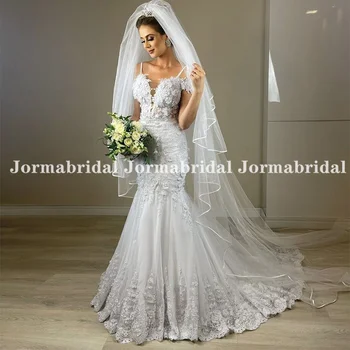 Spagetti pántos sellő menyasszonyi ruha vállon kívüli rövid ujjú V-nyakú csipke rátéttel Arab menyasszonyi ruhák vestido de noiva