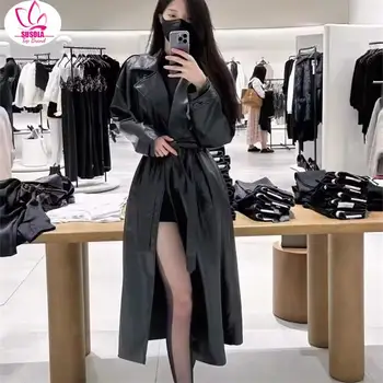 SUSOLA őszi hosszú fekete patchwork pu bőr árokkabát nőknek dupla mellű laza stílusos luxus designer ruházat 2023