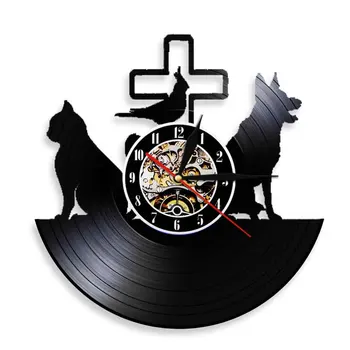 Kisállat klinika Vinyl lemez falióra Macska és kutya Állatkórház Falióra fali óra fali dekoráció Kitty kutyus állatorvos ajándék