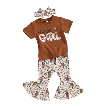 Toddler Kids Baby Girl Outfit Cow Print Short Sleeve póló Top rajzfilm Kiszélesedő nadrág szett Western Girls ruhák