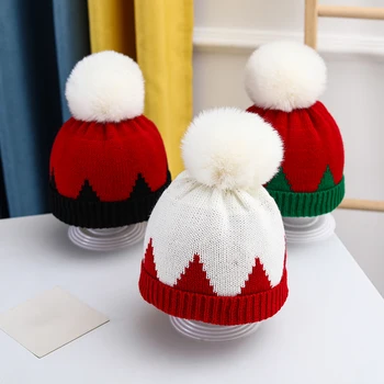 Téli baba karácsonyi kalap szőrme pom pom pom sapka csecsemő öblök lányok meleg vastag kötött sapka gyerekek édes szép kötött sapka sapkák 0