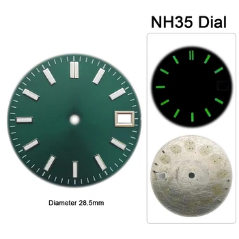 28.5mm Óratárcsa zöld világító egynaptáras számlap NH35/NH36/4R36 mozgásmódosító tartozékokhoz